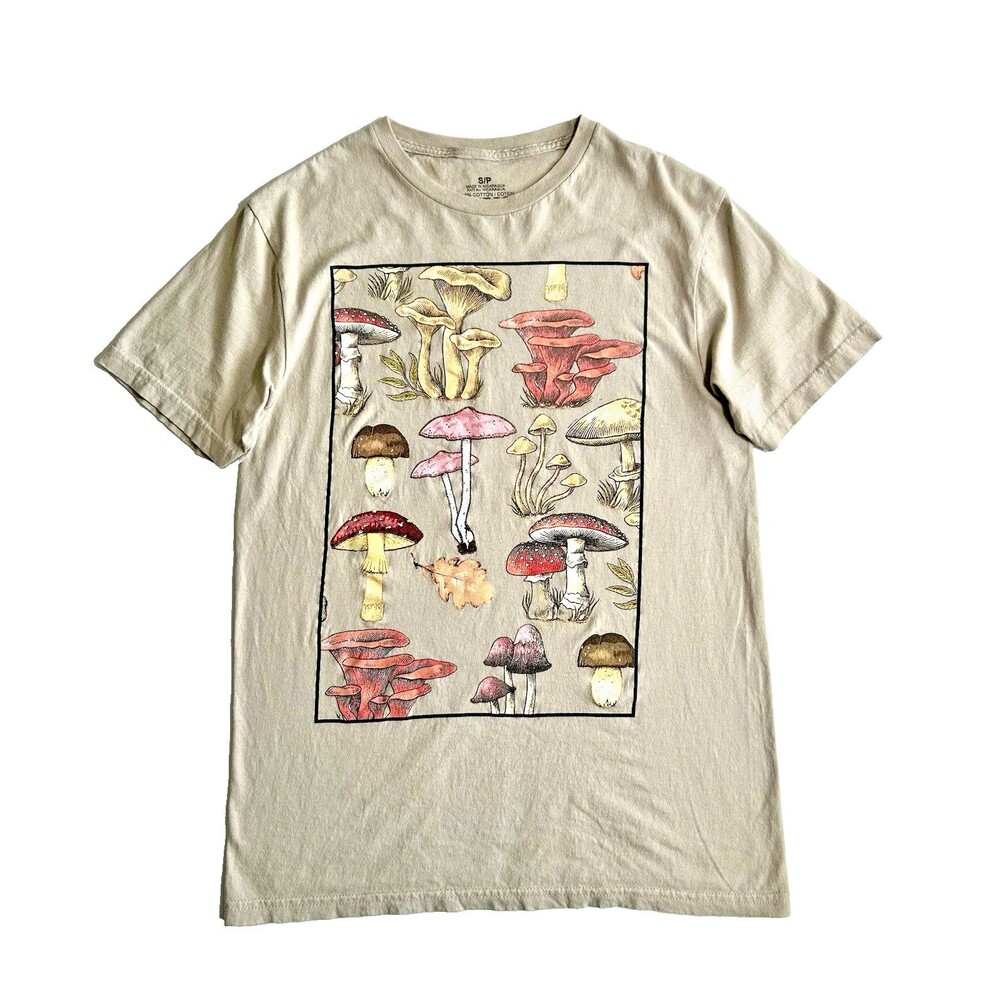 Cottagecore Mushroom Beige Cotton Nature T-Shirt Vintage-Style Womens Small